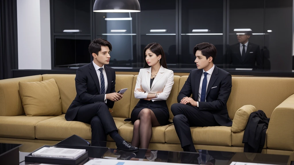 In a modern news agency, men and women, dressed formally, are sitting on sofas, discussing an issue