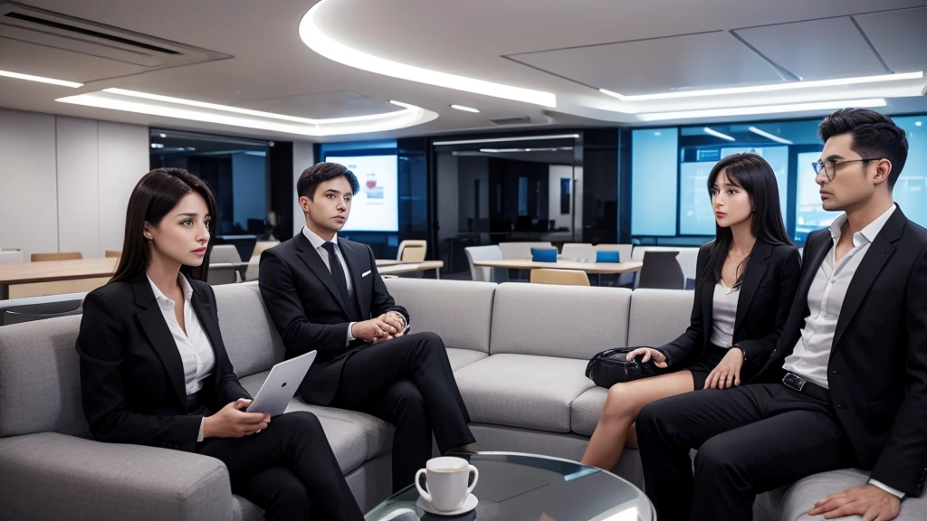 In a modern news agency, men and women, dressed formally, are sitting on sofas, discussing an issue