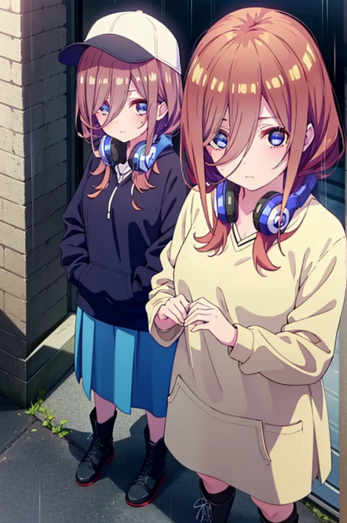 miku nakano, Nakano Miku Ticket III, Long Hair, bangs, blue eyes, Brown Hair, Hair between the eyes,Baseball hats,Headphones around neck,Oversized blue hoodie,Long skirt,short boots,rain,Hiding in a roofed building,Standing leaning against the wall,whole bodyがイラストに入るように,
break outdoors, Building district,
break looking at viewer, whole body,
break (masterpiece:1.2), Highest quality, High resolution, unity 8k wallpaper, (figure:0.8), (Beautiful attention to detail:1.6), Highly detailed face, Perfect lighting, Highly detailed CG, (Perfect hands, Perfect Anatomy),