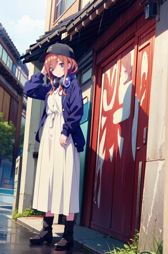 miku nakano, Nakano Miku Ticket III, Long Hair, bangs, blue eyes, Brown Hair, Hair between the eyes,Baseball hats,Headphones around neck,Oversized blue hoodie,Long skirt,short boots,rain,Hiding in a roofed building,Standing leaning against the wall,whole bodyがイラストに入るように,
break outdoors, Building district,
break looking at viewer, whole body,
break (masterpiece:1.2), Highest quality, High resolution, unity 8k wallpaper, (figure:0.8), (Beautiful attention to detail:1.6), Highly detailed face, Perfect lighting, Highly detailed CG, (Perfect hands, Perfect ???????),