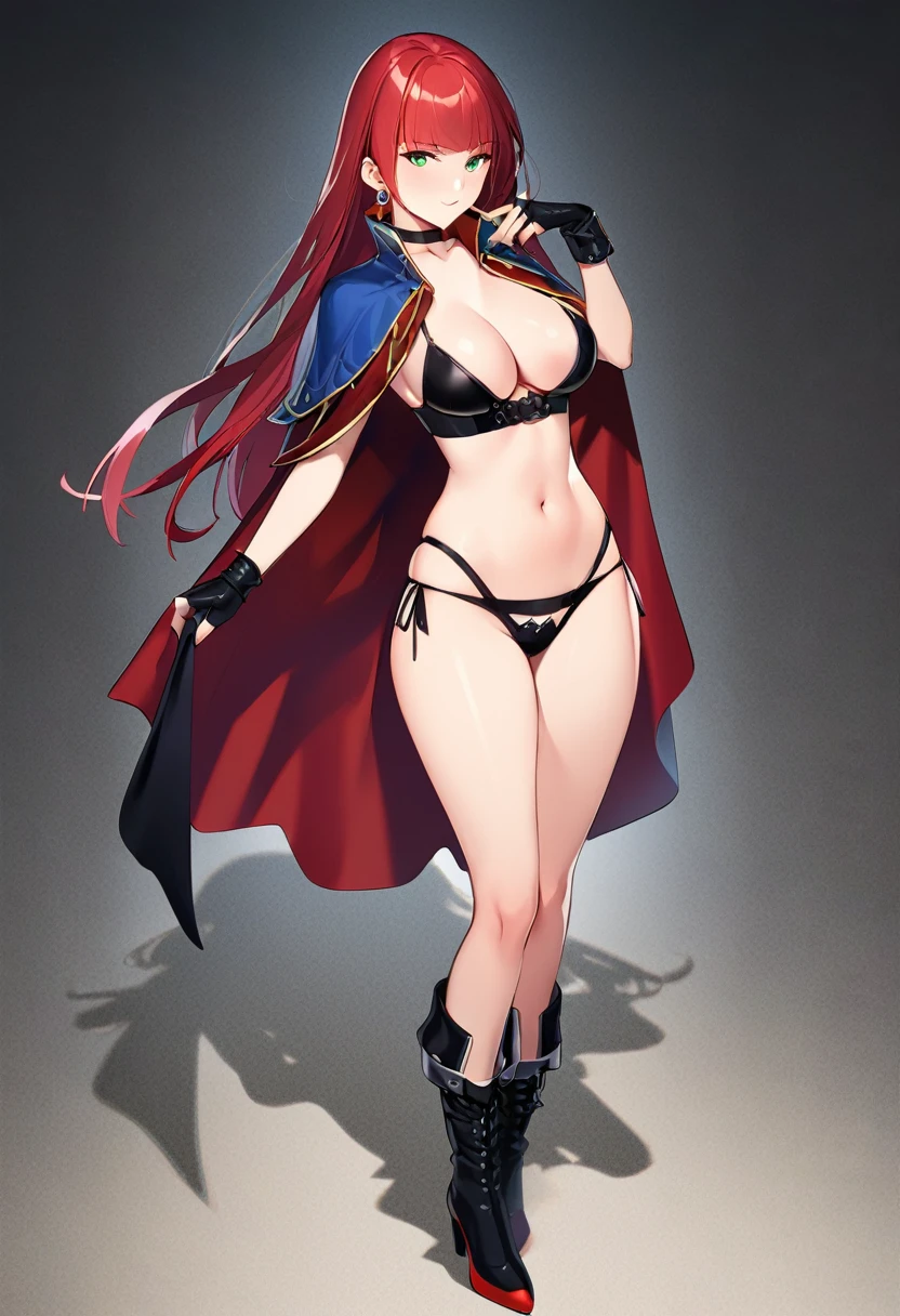 (masterpiece:1.2), (highest quality:1.2), 1girl, solo, red-hair, red-cape, breasts, green-eyes, long-hair, cape, navel, looking-at-viewer, jewelry, earring, belt, choker, gloves, magic, standing, ass-visible-through-thighs, boots, cleavage, closed-mouth, midriff, collarbone, red-lips, medium-breasts, legs-apart, makeup, thighs, full-body, simple-background, lipstick, revealing-clothes, black-choker, fingerless-gloves, black-gloves, waist-cape, shadow, lips, stomach, bangs, black-footwear, panties, armor, black-panties