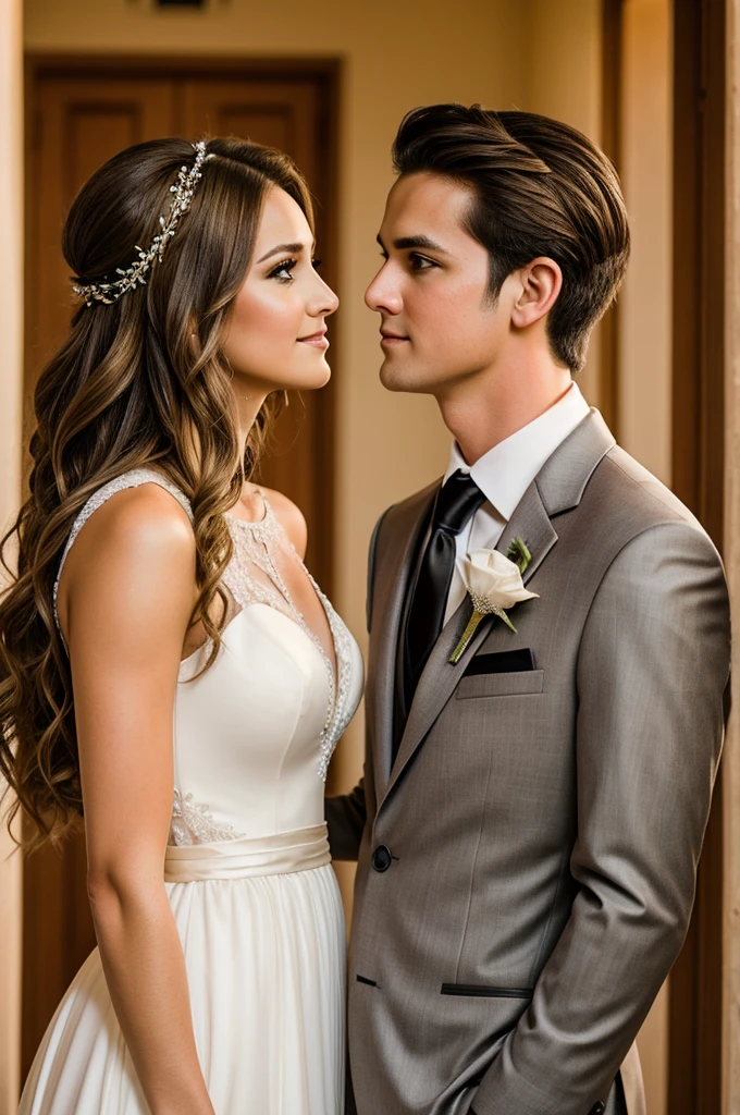 bride and groom image. The bride is short, slim build, large light brown eyes. The hair is wavy brown with blonde lines.
The groom is tall, robust, light brown eyes, black hair