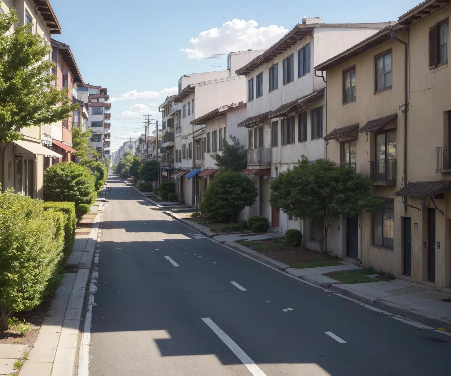 ((best qualityer)), (detailded), a central avenue in the center of the image, on the sides of buildings and houses, some trees on the sidewalk, ((no vehicles present))