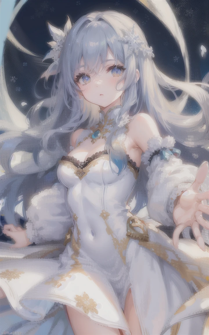 ((best quality)), ((masterpiece)), ((ultra-detailed)), (illustration), (detailed light), (an extremely delicate and beautiful), a girl, cute face, upper body, two legs, long dress, (beautiful detailed eyes), stars in the eyes, messy floating hair, colored inner hair, Starry sky adorns hair, (lots_of_big_colorful_Bubble), [pearl], [Galaxy], depth of field,[ice crystal], (snowflake)