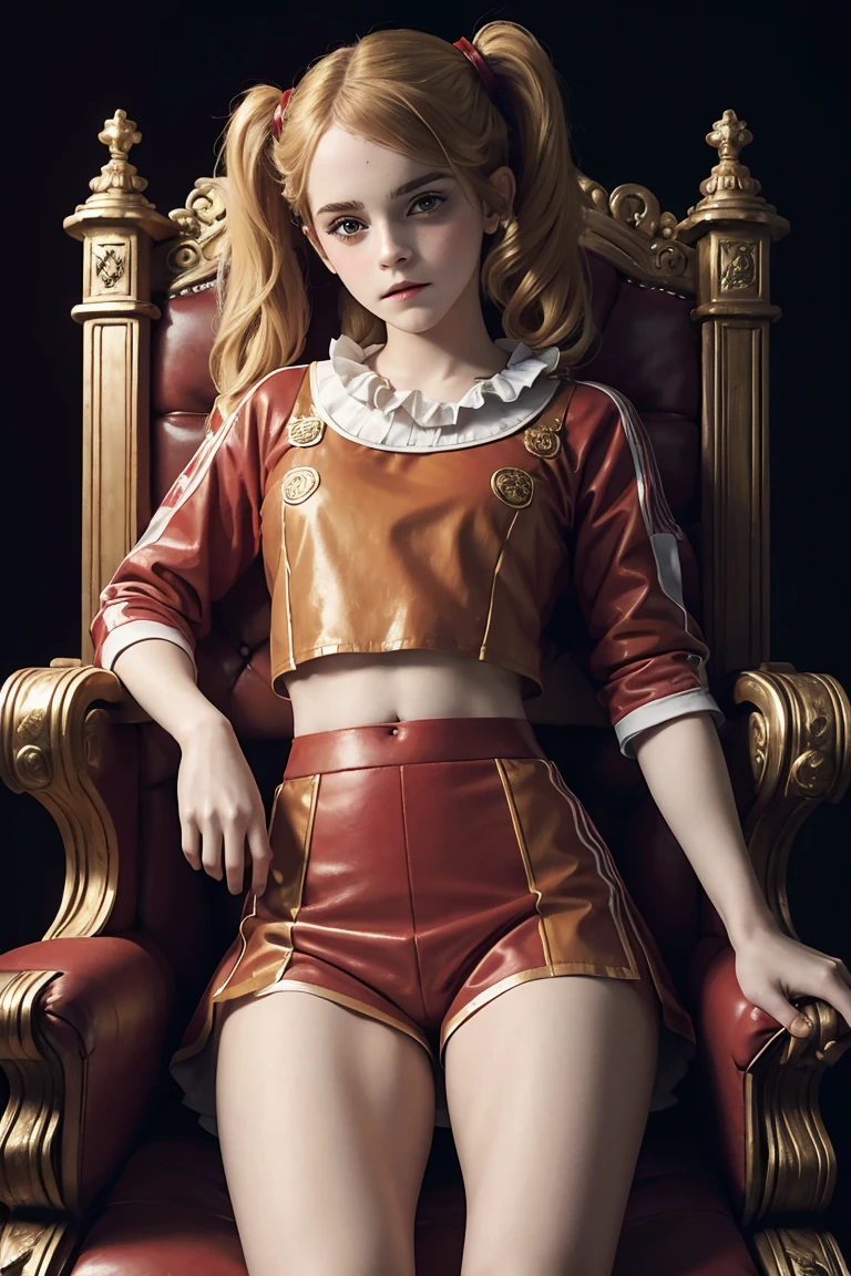 masterpiece. a beautiful emma watson dressed as girl clown with red paint. blonde, twintails. intricate tight short uniform, crop top. dark ambient. on a royal throne.