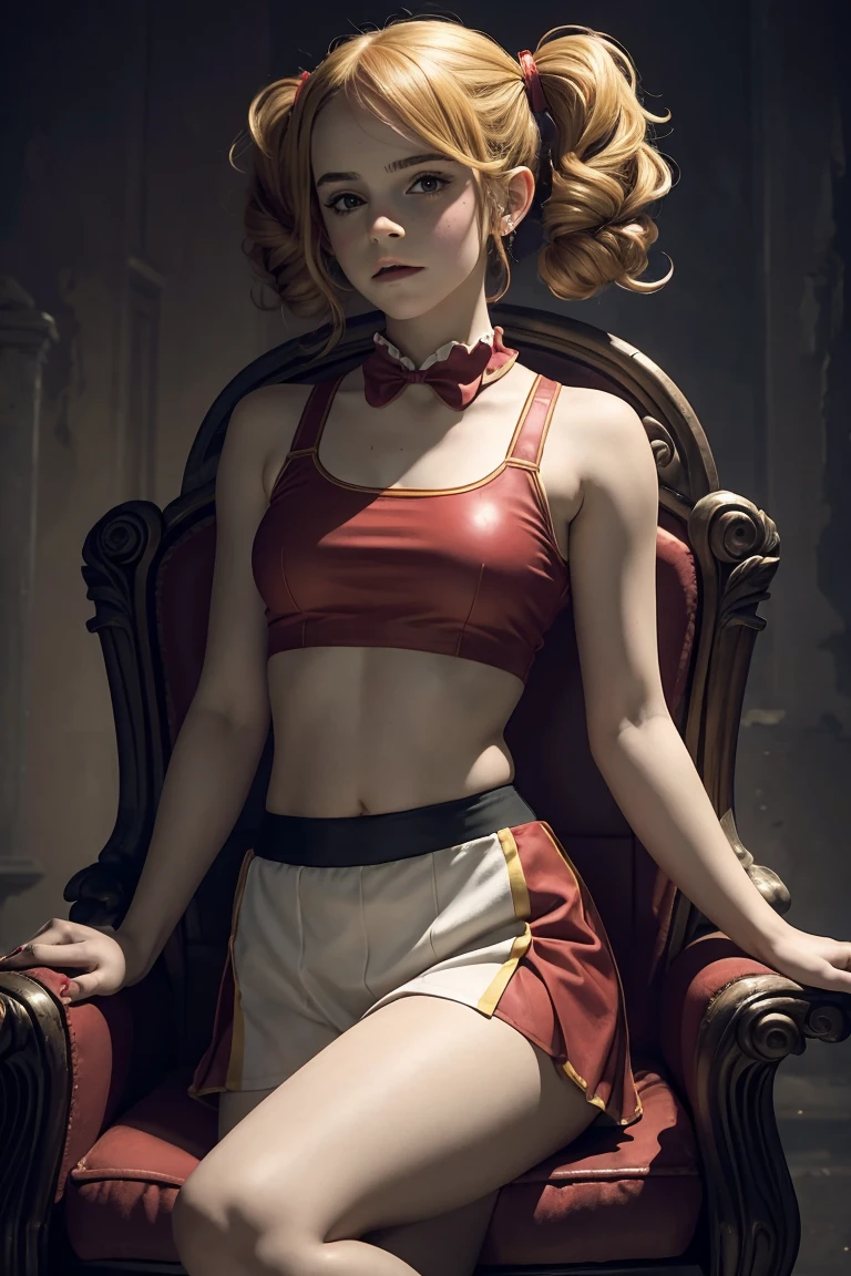 masterpiece. a beautiful emma watson dressed as girl clown with red paint. blonde, twintails. intricate tight short uniform, crop top. dark ambient. on a royal throne.