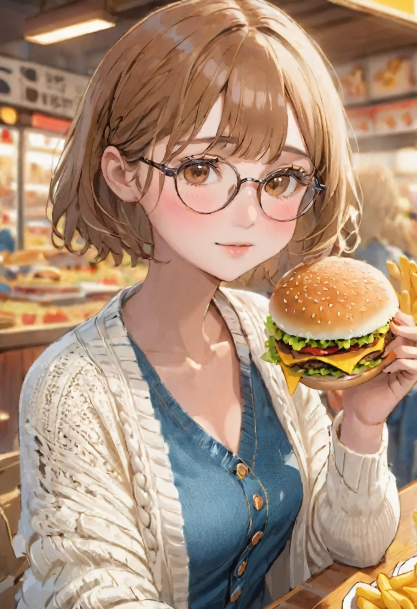 Very detailed，High resolution，masterpiece，8K，(Light brown hair)，((Brown eyes))，Glasses，Short length，Chubby，Thick eyebrows，((Braided Short Hair))，((Blunt bangs))，((fashion//White knit cardigan，Denim mini skirt:1.3))，(eat delicious hamburger:1.3)，(French fries and juice:1.1)，(blush)，surely:Accurate and detailed female fingers，