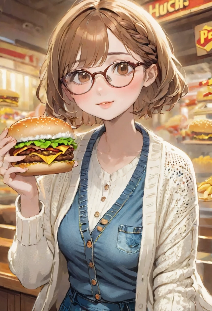Very detailed,High resolution,masterpiece,8K,(Light brown hair),((Brown eyes)),Glasses,Short length,Chubby,Thick eyebrows,((Braided Short Hair)),((Blunt bangs)),((fashion//White knit cardigan,Denim mini skirt:1.3)),(eat delicious hamburger:1.3),(French fries and juice:1.1),(blush),surely:Accurate and detailed female fingers,