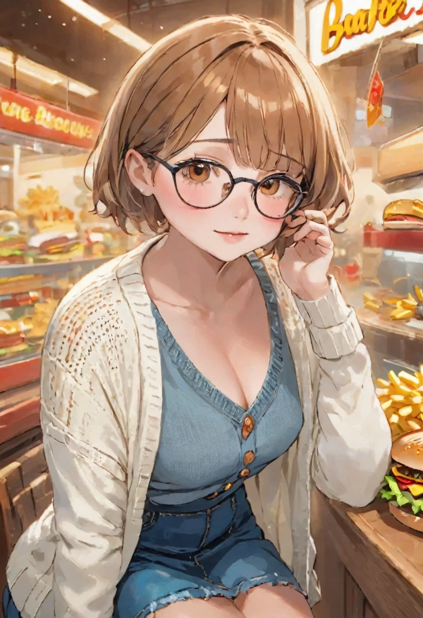 Very detailed,High resolution,masterpiece,8K,(Light brown hair),((Brown eyes)),Glasses,Short length,Chubby,Thick eyebrows,((Braided Short Hair)),((Blunt bangs)),((fashion//White knit cardigan,Denim mini skirt:1.3)),(eat delicious hamburger:1.3),(French fries and juice:1.1),(blush),surely:Accurate and detailed female fingers,