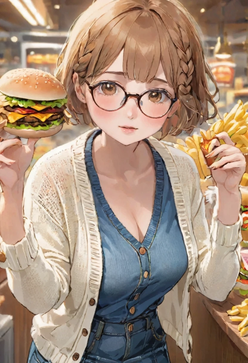 Very detailed，High resolution，masterpiece，8K，(Light brown hair)，((Brown eyes))，Glasses，Short length，Chubby，Thick eyebrows，((Braided Short Hair))，((Blunt bangs))，((fashion//White knit cardigan，Denim mini skirt:1.3))，(eat delicious hamburger:1.3)，(French fries and juice:1.1)，(blush)，surely:Accurate and detailed female fingers，