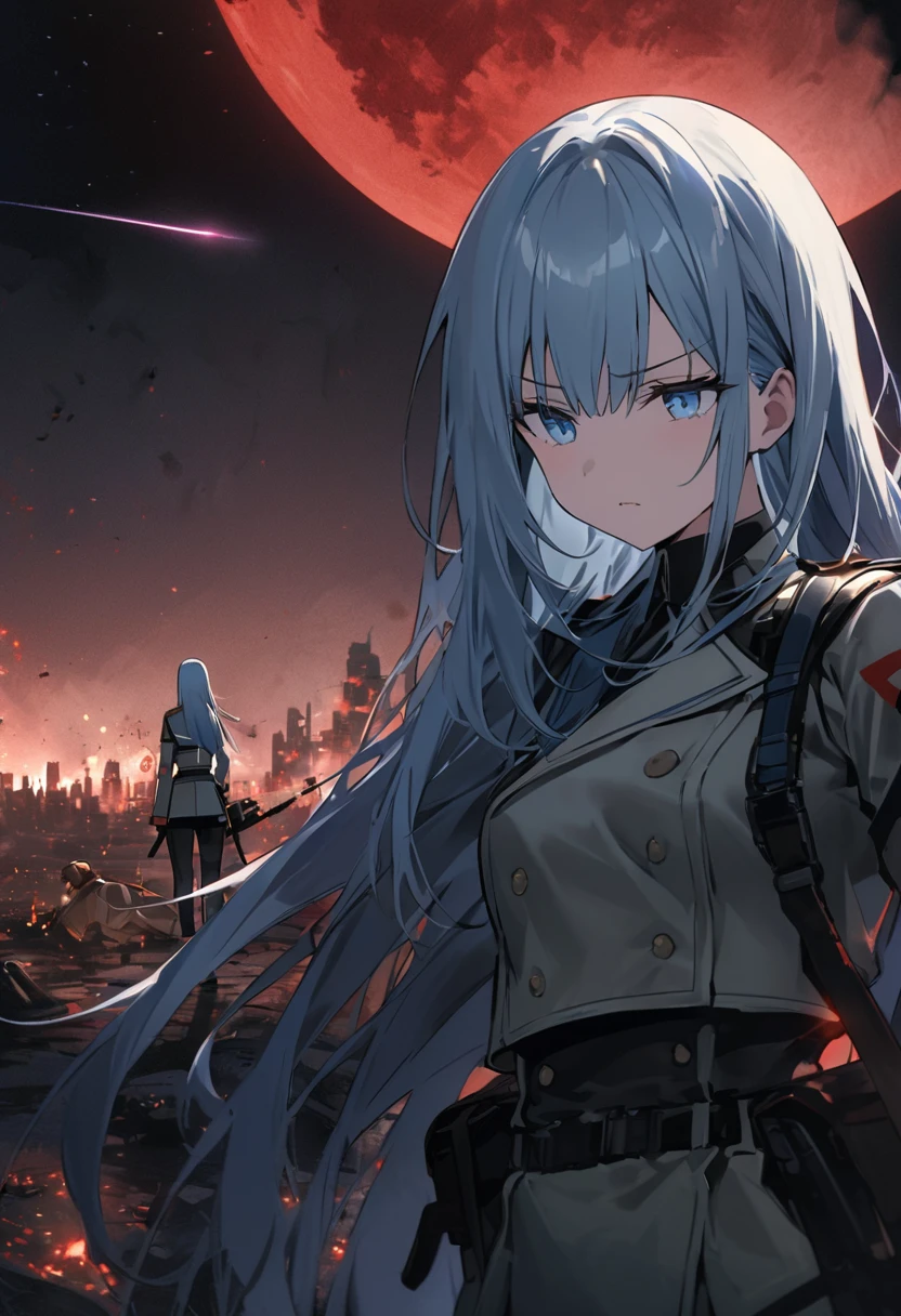 Facing forward　girl　Military uniforms with a white base and some black　Spectacular Background　A shooting star is falling　Beautiful night view　　　She is on the right　On the left you can see the destroyed city.　He has a gun　　　服にはplaneが描かれています　背景の上部にはFighterが飛んでいます　Red Moon　blue eyes　　There is one person　light blue long hair　wearing a military cap　war　I'm wearing pants　Precision　masterpiece　girlにクローズアップ　girlを正面から見ています　Straight Hair　long hair　soldier　battlefield　{超Precision} Satanic　She's angry　But I&#39;m angry　Hanging eyes　Anime Style　 {war} {Gunfight} {Fighterの擬人化} Fighter　tank　Battleship　plane　Thunder Day　Mechanical Man　宇宙Battleshipヤマトの武装をつけています　A dignified expression　F-16Fighterの翼を背中につけています　tankがいます