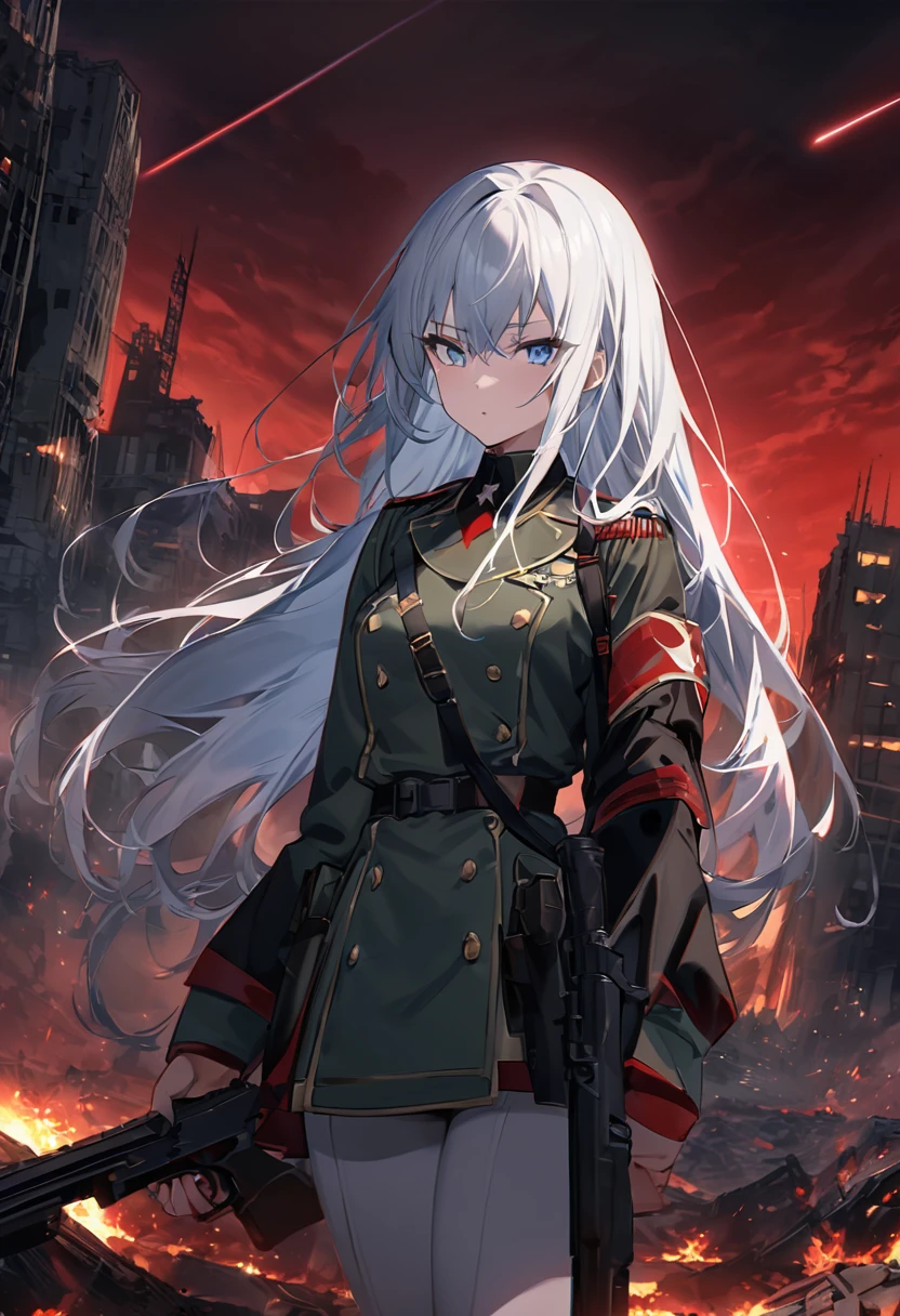 Facing forward　girl　Military uniforms with a white base and some black　Spectacular Background　A shooting star is falling　Beautiful night view　　　She is on the right　On the left you can see the destroyed city.　He has a gun　　　服にはplaneが描かれています　背景の上部にはFighterが飛んでいます　Red Moon　blue eyes　　There is one person　light blue long hair　wearing a military cap　war　I'm wearing pants　Precision　masterpiece　girlにクローズアップ　girlを正面から見ています　Straight Hair　long hair　soldier　battlefield　{超Precision} Satanic　She's angry　But I&#39;m angry　Hanging eyes　Anime Style　 {war} {Gunfight} {Fighterの擬人化} Fighter　tank　Battleship　plane　Thunder Day　Mechanical Man　宇宙Battleshipヤマトの武装をつけています　A dignified expression　F-16Fighterの翼を背中につけています　tankがいます