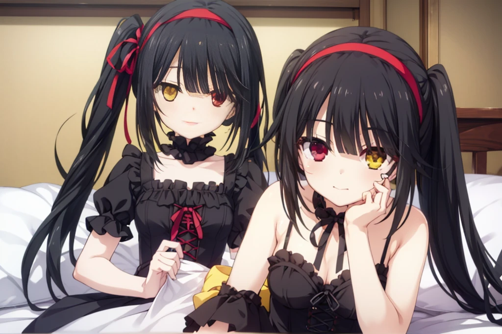 tokisaki kurumi, clock eyes, black hair, twintails, (red eyes:1.5), (yellow eyes:1.5), (heterochromia:1.5),hairband, dress, bow, ribbon, (gothic fashion:1.5), gothic,Lying down,bed,smile,Blushing,顔をクローズアップ,Masterpiece