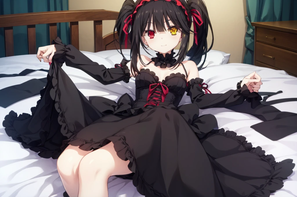 tokisaki kurumi, clock eyes, black hair, twintails, (red eyes:1.5), (yellow eyes:1.5), (heterochromia:1.5),hairband, dress, bow, ribbon, (gothic fashion:1.5), gothic,Lying down,bed,smile,Blushing,顔をクローズアップ,Masterpiece