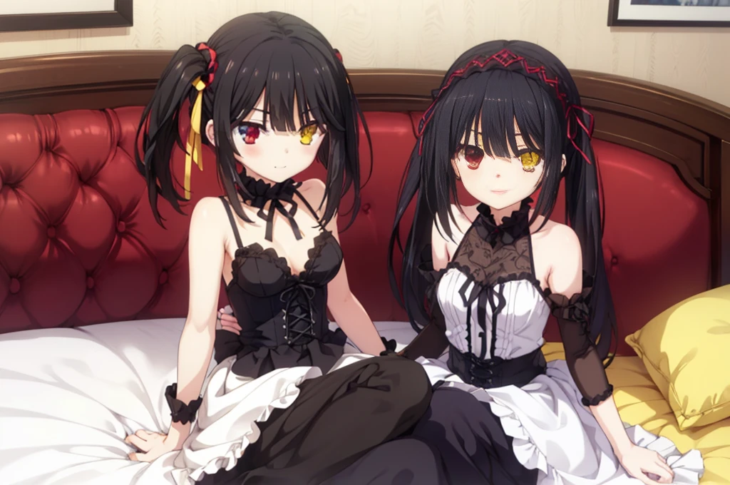 kurumi tokisaki, black hair, red eyes, long hair, twintails, yellow eyes, hairband, heterochromia, dress unbuttoned, red dress unbuttoned, bare shoulders, collarbone, choker, bowtie, red bowtie, detached sleeves, corset unbuttoned, frills, cleavage unbuttoned,sitting,legs open, looking at viewer, cowboy shot, dutch angle,showing naked breasts, medium large breasts, showing naked breasts ,loli(cowboy photo: 1.5)