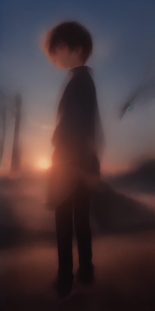 1 Boy watching the sunset in black pants and a white sweatshirt