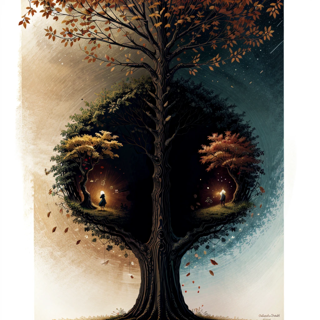 circular tree,four seasons,spring,summer,autumn,winter,leaves,roots,branches,trunk,ornate border,decorative,digital illustration,artwork,movement,time,swirling background,dark background,vibrant colors,natural,life cycle,growth,change,nature,life,peace,harmony,spirituality,symbolism,digital art,illustration,painting,graphic design,art,design,digital media,online art,visual art,fine art,fantasy