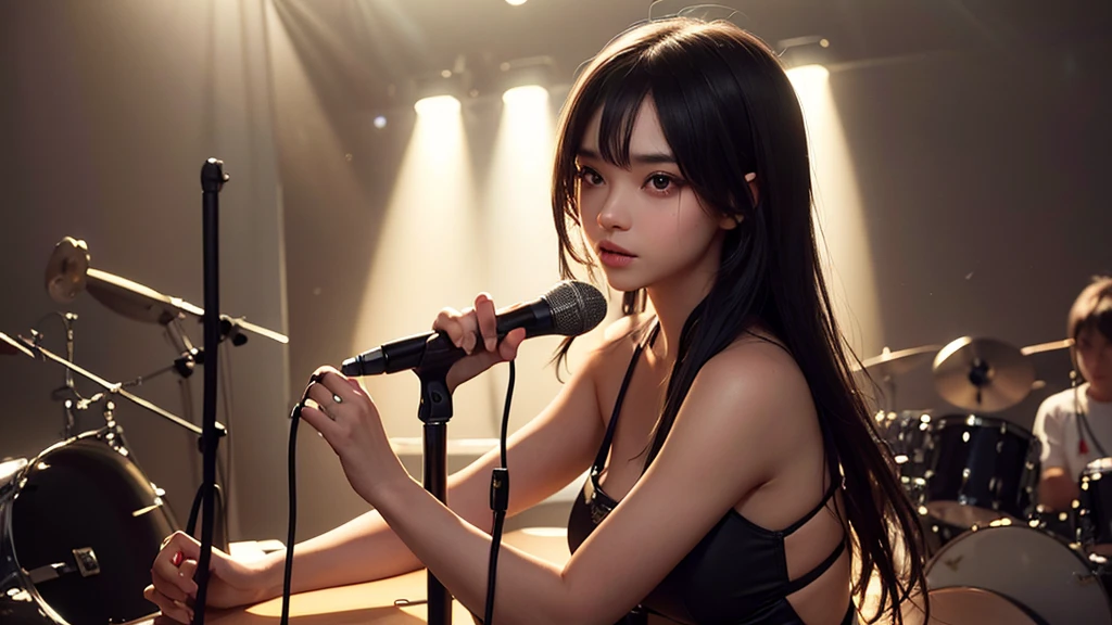A beautiful girl is in a music studio with dim lighting. She sits in front of a microphone, surrounded by musical instruments and recording equipment. The room's atmosphere is dark, with only a slight light illuminating her face and body, creating mysterious shadows. Her gaze is sharp and full of emotion, adding a dramatic touch to the dark studio setting.