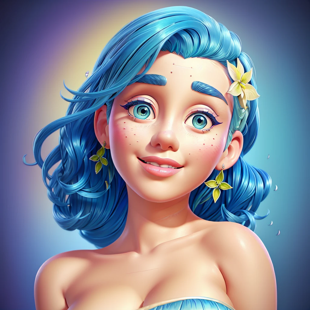 detailed portrait of a beautiful woman with blue hair, yellow skin, blue dress in Marilyn Monroe style, intricate hyper detailed botanical elements, line art, digital illustration, thick impasto paint texture, maximalist botanicals, aesthetically pleasing illustrative masterpiece, post-edited with Topaz