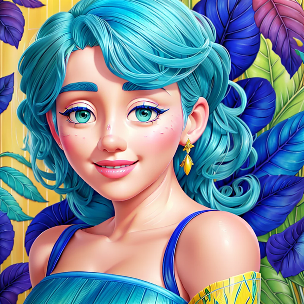 detailed portrait of a beautiful woman with blue hair, yellow skin, blue dress in Marilyn Monroe style, intricate hyper detailed botanical elements, line art, digital illustration, thick impasto paint texture, maximalist botanicals, aesthetically pleasing illustrative masterpiece, post-edited with Topaz