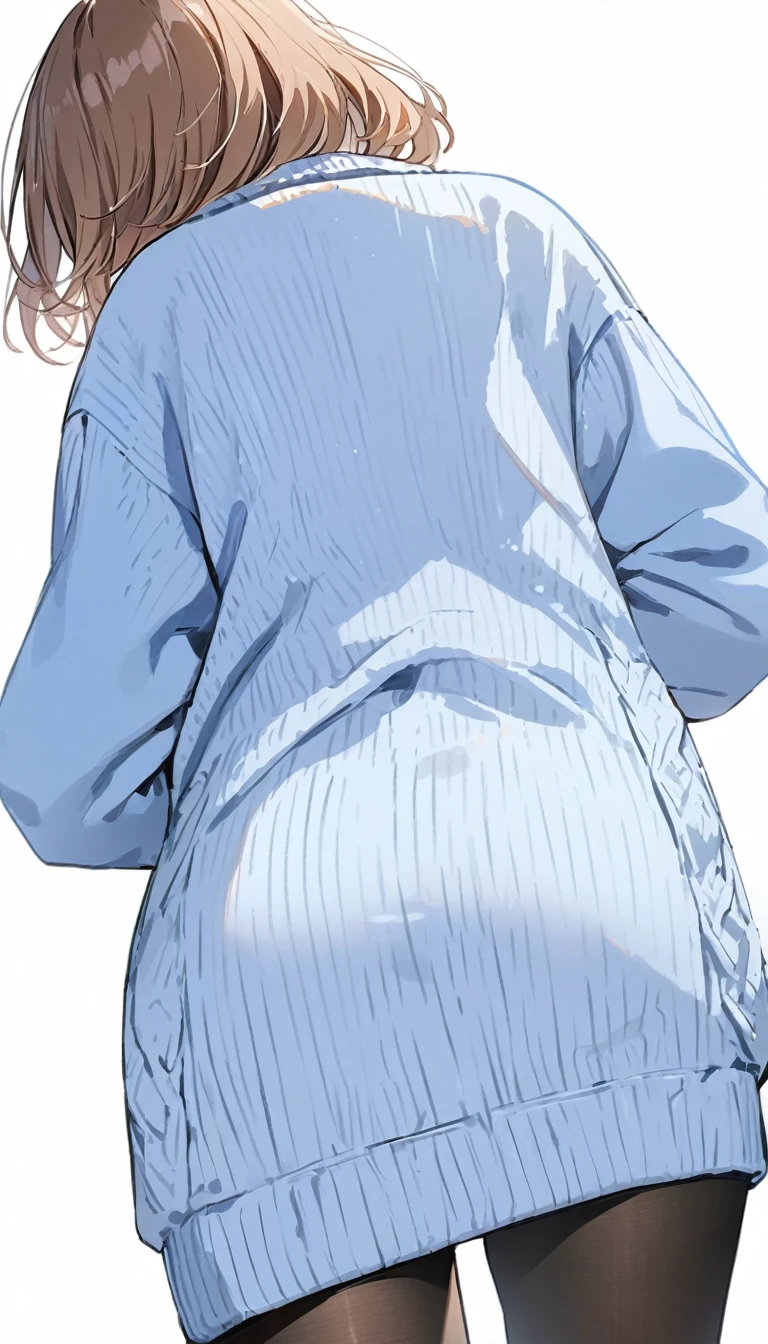 masterpiece, best quality, 1girl, solo, brown hair, short hair, blue sweater dress, black pantyhose, from below, from behind, no background, white background
