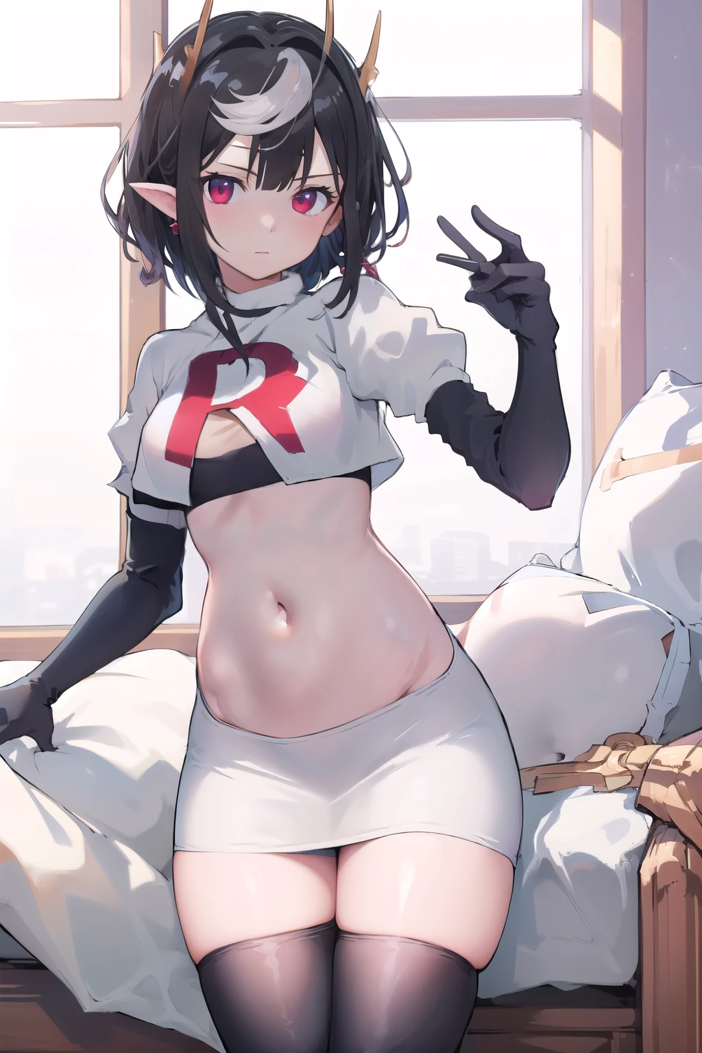 masterpiece, best quality, high quality, absurdres, intricate details, 8k, nice hands, perfect hands, 
1girl, solo, maouariel, looking at viewer, jewelry, team rocket,team rocket uniform,white skirt,red letter R,crop top,black thigh-highs,black elbow gloves
 