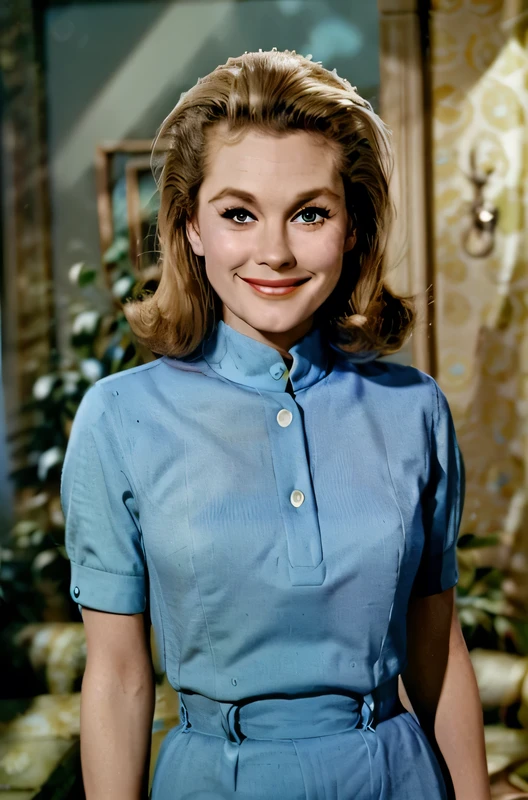 masterpiece, best quality, photo of elizabeeem as housewife, smiling, blue shirt, looking amazing in a 1960s style living room, closeup, high quality, absurdres, wish, light