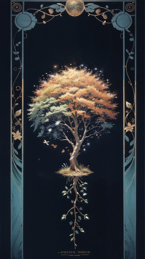 circular tree,four seasons,spring,summer,autumn,winter,leaves,roots,branches,trunk,ornate border,decorative,digital illustration,artwork,movement,time,swirling background,dark background,vibrant colors,natural,life cycle,growth,change,nature,life,peace,harmony,spirituality,symbolism,digital art,illustration,painting,graphic design,art,design,digital media,online art,visual art,fine art,fantasy