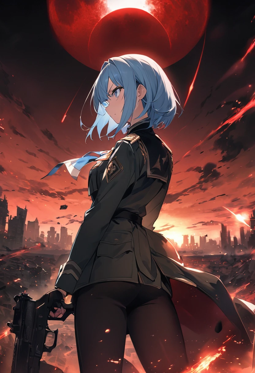 Facing forward　girl　Military uniforms with a white base and some black　Spectacular Background　A shooting star is falling　Beautiful night view　　　She is on the right　On the left you can see the destroyed city.　He has a gun　　　服にはplaneが描かれています　背景の上部にはFighterが飛んでいます　Red Moon　blue eyes　　There is one person　light blue long hair　wearing a military cap　war　I'm wearing pants　Precision　masterpiece　girlにクローズアップ　girlを正面から見ています　short hair　soldier　battlefield　{超Precision} Satanic　She's angry　But I&#39;m angry　Hanging eyes　Anime Style　 {war} {Gunfight} {Fighterの擬人化} Fighter　tank　Battleship　plane　Thunder Day　Mechanical Man　宇宙Battleshipヤマトの武装をつけています　A dignified expression　F-16Fighterの翼を背中につけています