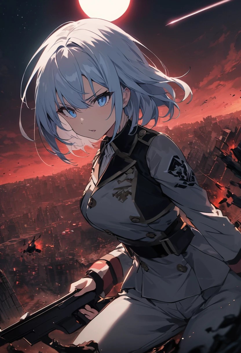 Facing forward　girl　Military uniforms with a white base and some black　Spectacular Background　A shooting star is falling　Beautiful night view　　　She is on the right　On the left you can see the destroyed city.　He has a gun　　　服にはplaneが描かれています　背景の上部にはFighterが飛んでいます　Red Moon　blue eyes　　There is one person　light blue long hair　wearing a military cap　war　I'm wearing pants　Precision　masterpiece　girlにクローズアップ　girlを正面から見ています　short hair　soldier　battlefield　{超Precision} Satanic　She's angry　But I&#39;m angry　Hanging eyes　Anime Style　 {war} {Gunfight} {Fighterの擬人化} Fighter　tank　Battleship　plane　Thunder Day　Mechanical Man　宇宙Battleshipヤマトの武装をつけています　A dignified expression　F-16Fighterの翼を背中につけています