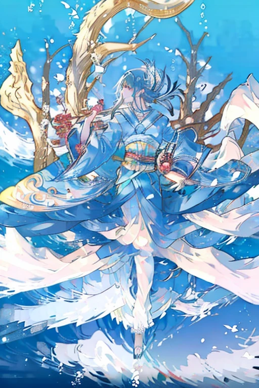 troubadour, have a pipa, on the sea, play the pipa, sing the requiem, wear the kimono