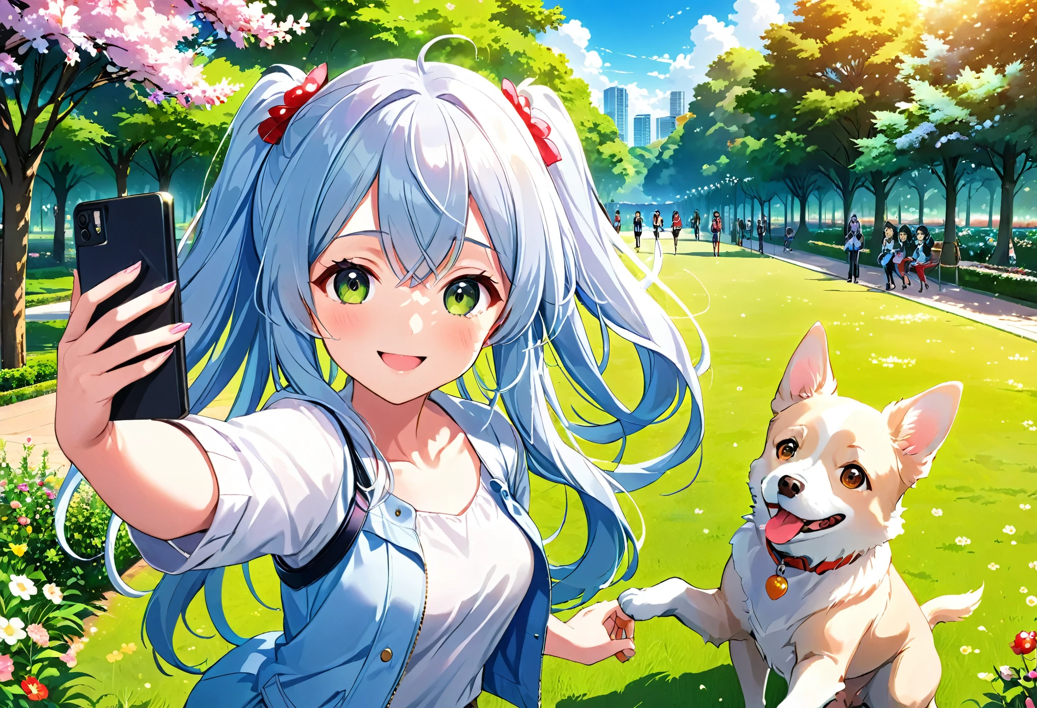 Anime Girls, A park where many margarets bloom、A park full of flowers、Lush green park、Walk with your dog、A beautiful girl taking a selfie with her dog on her smartphone、Light blue long hair、Twin-tailed anime beautiful girl、A cute anime chibi character with a bright smile, (Anime Girls), Cute girl anime visuals, young Anime Girls, Beautiful anime art style, Anime illustration, beautiful Anime Girls,