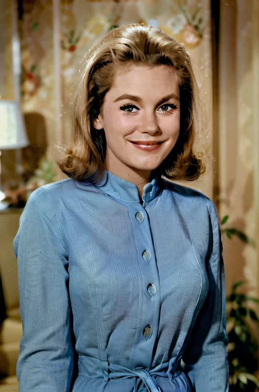 masterpiece, best quality, photo of elizabeeem as housewife, smiling, blue shirt, looking amazing in a 1960s style living room, closeup, high quality, absurdres, wish, light