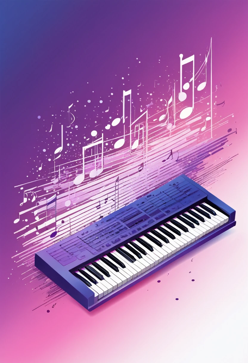 a digital drawing of an abstract composition in purple and pink, with elements that resemble musical notes or keyboard keys, creating a harmonious visual experience. The background is a gradient from light to dark shades of violet and blue, adding depth and contrast to the artwork. There's also some white space at the top for text or a title, and subtle brush strokes throughout the painting give it a hand-drawn feel. This piece seems designed as a wallpaper or cover design.