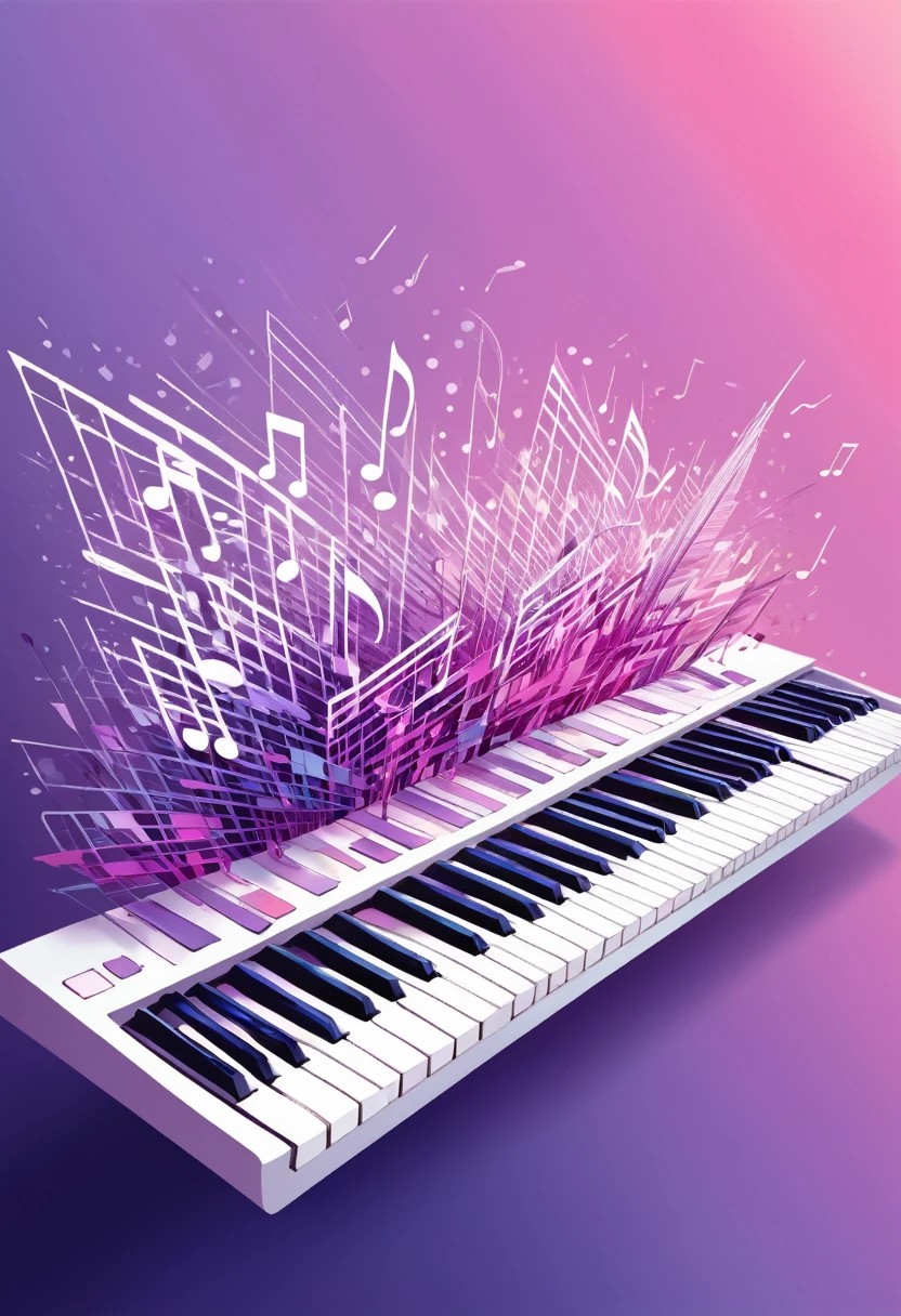 a digital drawing of an abstract composition in purple and pink, with elements that resemble musical notes or keyboard keys, creating a harmonious visual experience. The background is a gradient from light to dark shades of violet and blue, adding depth and contrast to the artwork. There's also some white space at the top for text or a title, and subtle brush strokes throughout the painting give it a hand-drawn feel. This piece seems designed as a wallpaper or cover design.
