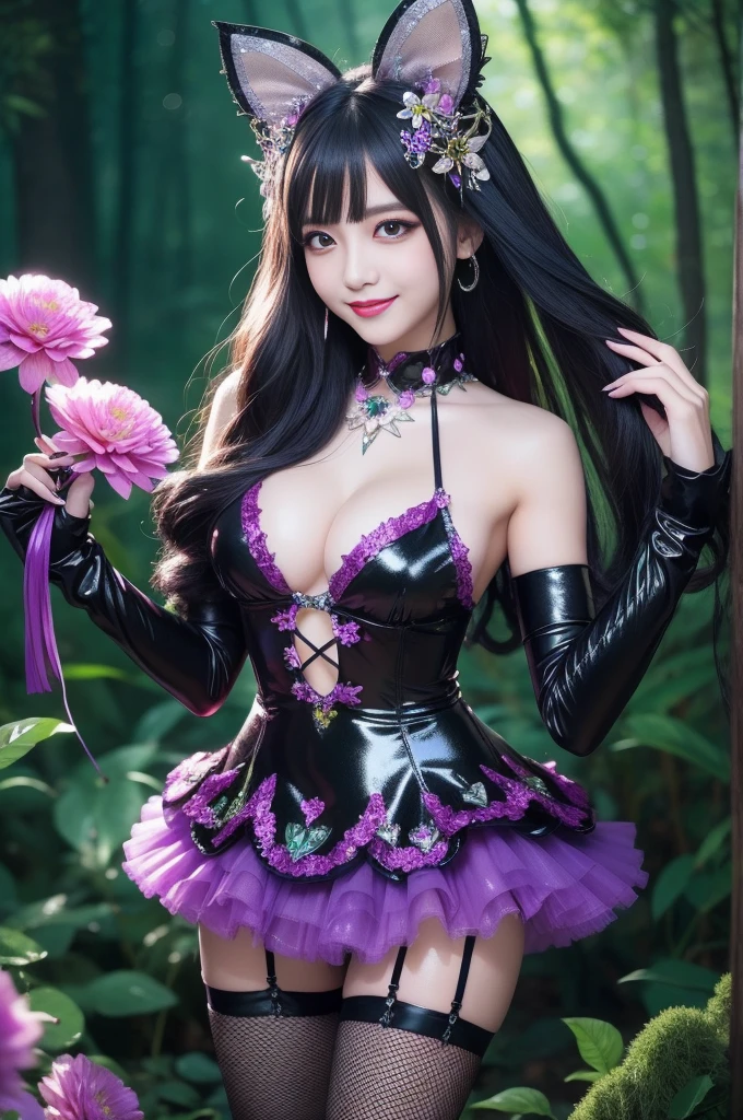 sexy stylish female who controls poison、beautiful smile、lipgloss、long lashes、dramatic makeup、look at the camera、full body Esbian、、sparkling poisoned enchanted flower costume、、、、shiny sparkling multicolor hair、secrete poison、skull hair accessories、fishnet tights、shiny sparkling dark magic forest background