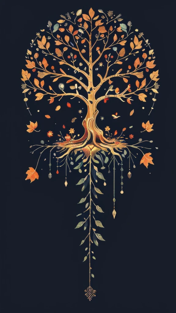 circular tree,four seasons,spring,summer,autumn,winter,leaves,roots,branches,trunk,ornate border,decorative,digital illustration,artwork,movement,time,swirling background,dark background,vibrant colors,natural,life cycle,growth,change,nature,life,peace,harmony,spirituality,symbolism,digital art,illustration,painting,graphic design,art,design,digital media,online art,visual art,fine art,fantasy