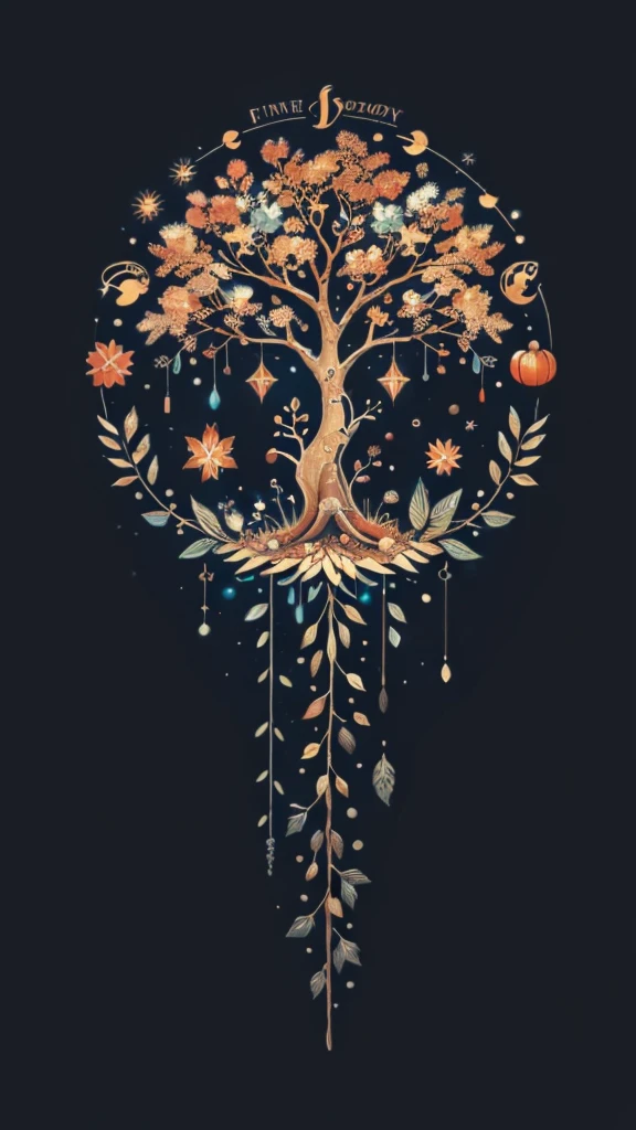 circular tree,four seasons,spring,summer,autumn,winter,leaves,roots,branches,trunk,ornate border,decorative,digital illustration,artwork,movement,time,swirling background,dark background,vibrant colors,natural,life cycle,growth,change,nature,life,peace,harmony,spirituality,symbolism,digital art,illustration,painting,graphic design,art,design,digital media,online art,visual art,fine art,fantasy