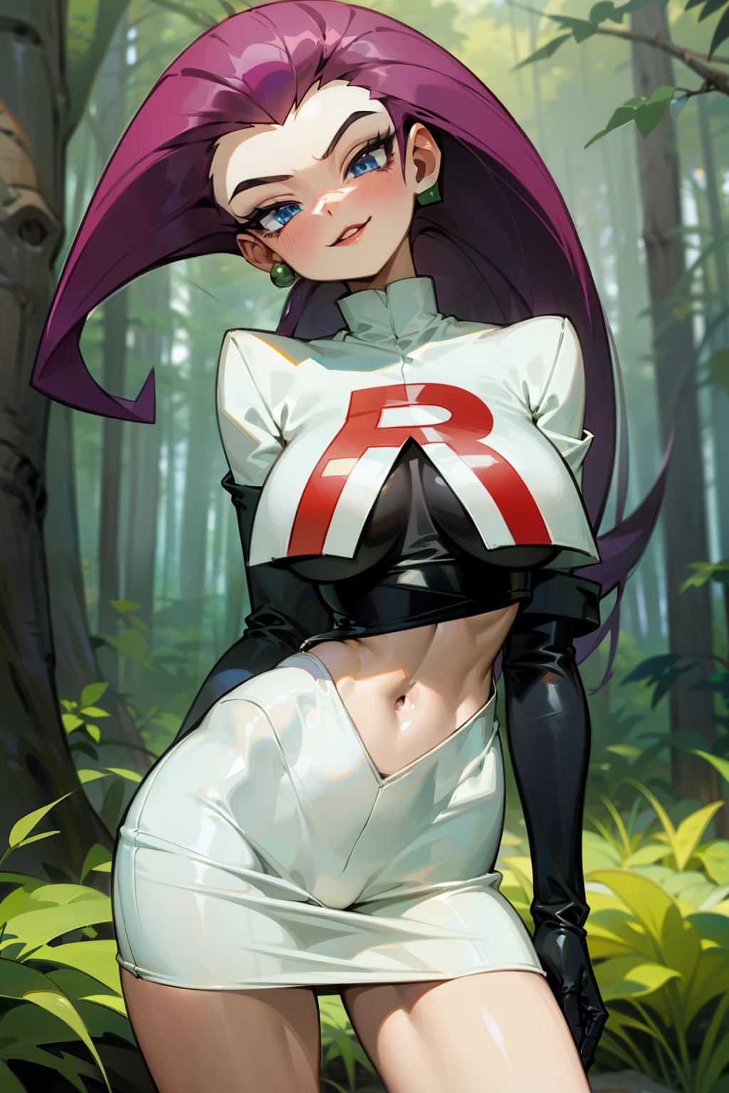 (Masterpiece), Best Quality, ultra-detailed, 1girl (jessie pokemon, Big and pretty breasts, naked body, purple hair, long hair,blue eyes, half-closed eyes),evil face, smirk, parted lips, head tilt, mascara, full makeup, black eyeshadow, red lipstick, solo, nude, team rocket ,team rocket uniform ,white skirt, ultra mini skirt, navel, bare breasts, nude,elbow gloves, in the forest, standing, Sexy waist teasing