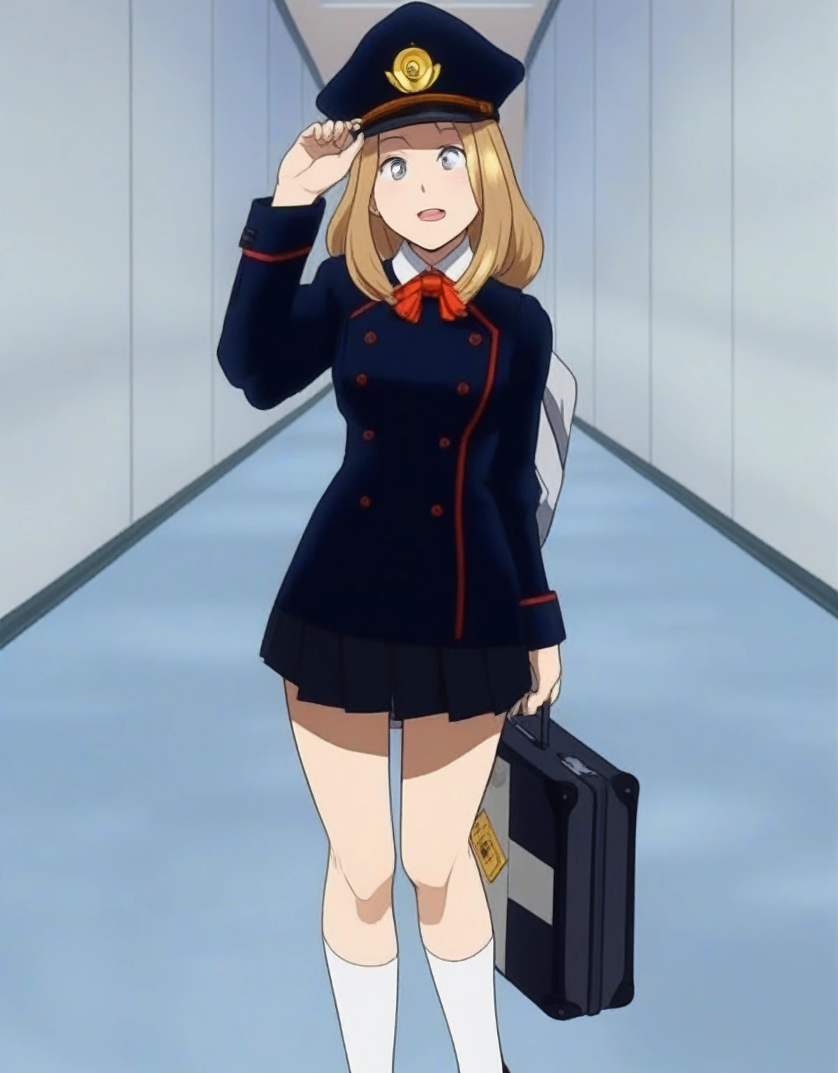 anime girl in uniform with suitcase and hat in hallway, anya from the spy family x, I&#39;m going to make fanart too, Uniforme JK, anime girl named Lucy, girl wearing uniform, as anime character, cute anime high school girl, magic school student uniform, female anime character, Aya Takano&#39;s Cor Style, anime look of a beautiful girl, marisa kirisame, White hair, greeneyes