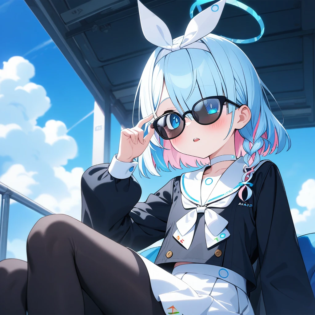 1girl, blue archive, arona \(blue archive\), absurdres, official art, adjusting eyewear, black choker, black coat, black eyes, black hairband, black pantyhose, black sailor collar, black serafuku, black shirt, black skirt, blue eyes, blue hair, blue halo, blue pupils, blue shirt, blue sky, blush, bow hairband, braid, breasts, buttoned cuffs, buttons, choker, closed mouth, cloud, coat, colored inner hair, day, film grain, hair over one side of face, hair ribbon, sitting, skirt, sky, small breasts, sunglasses, teeth, thighs, two-tone hair, upper teeth only, white choker, white hair, white hairband, white neckerchief, white ribbon, white sailor collar, white skirt, ((very aesthetic, best quality, ultra detailed))