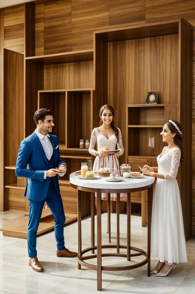 Crea un standing donde al fondo este una dinámica, human figures without any specific character (make it three) and at the table (standing) there are some brochures and sweets