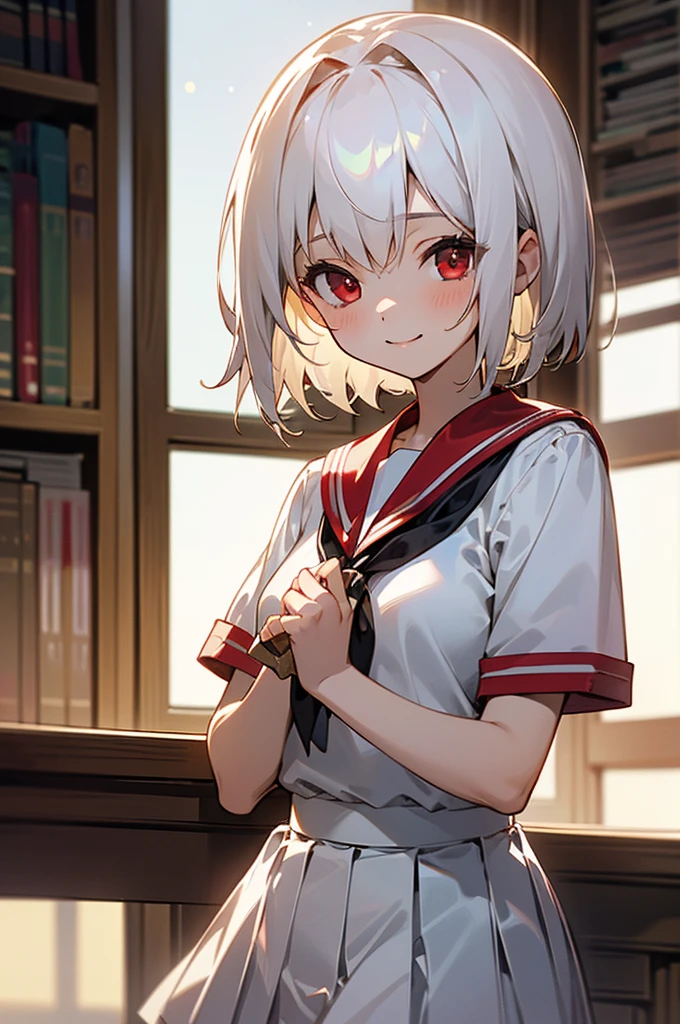 ((masterpiece,Highest quality, High resolution)), One girl, alone, Red eyes, Short white hair, smile, , White Seraphim, Red Sailor Collar, Short sleeve, White pleated skirt, (In the library), Dramatic Light, Next to the window, afternoon light through the window, afternoon, Bokeh effect