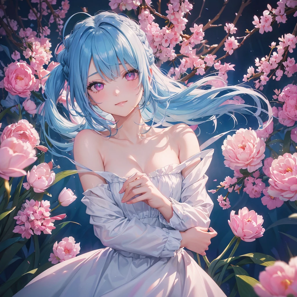 Sky blue hair, (Braided Ponytail),(Pink Eyes),Fair skin ,(whole body),1 Girl,smile,Tulips,Straight bangs,(masterpiece, 最high quality, Super detailed, Best Shadow), (Detailed Background), (Beautifully detailed face), High Contrast, (Best lighting, Very delicate and beautiful), ((Cinematic Light)), colorful, Hyper Detail, Dramatic Light, Intricate details,high quality,Tulips畑