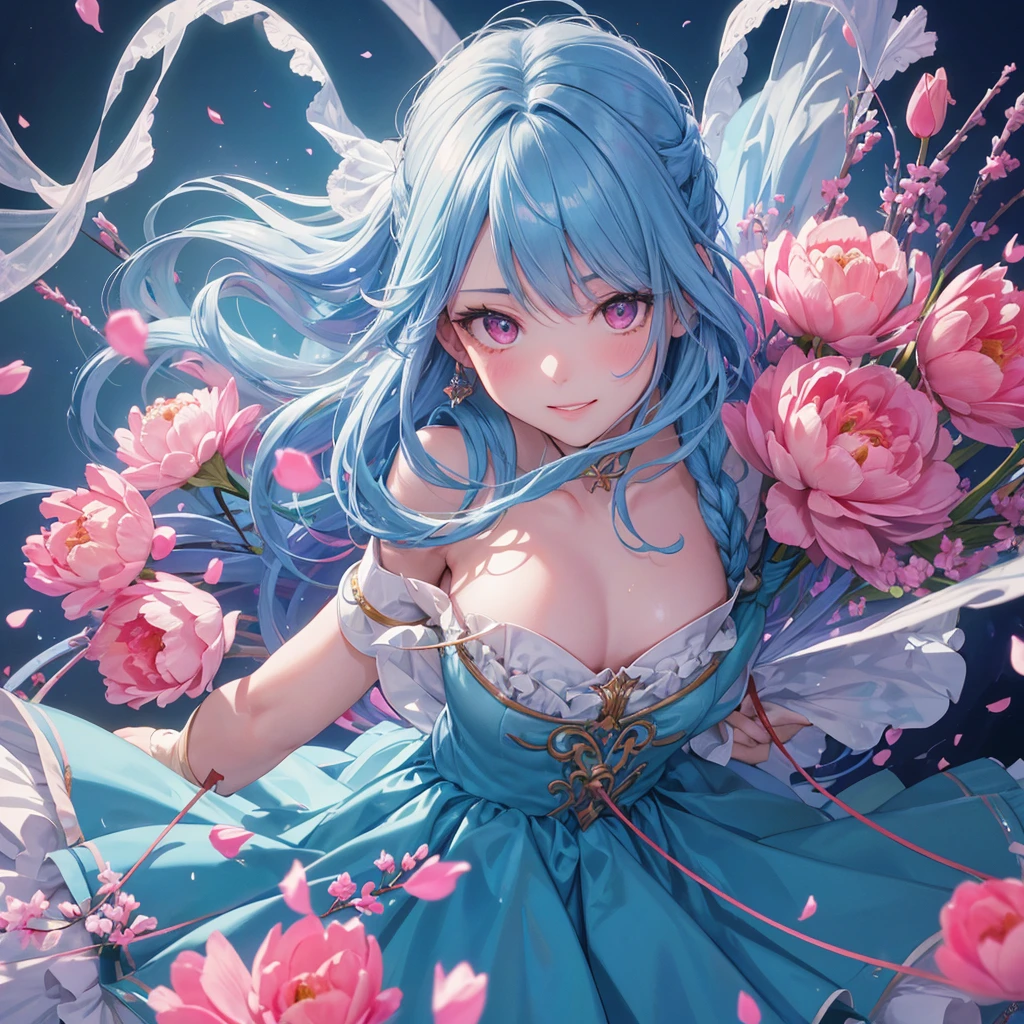 Sky blue hair, (Braided Ponytail),(Pink Eyes),Fair skin ,(whole body),1 Girl,smile,Tulips,Straight bangs,(masterpiece, 最high quality, Super detailed, Best Shadow), (Detailed Background), (Beautifully detailed face), High Contrast, (Best lighting, Very delicate and beautiful), ((Cinematic Light)), colorful, Hyper Detail, Dramatic Light, Intricate details,high quality,Tulips畑