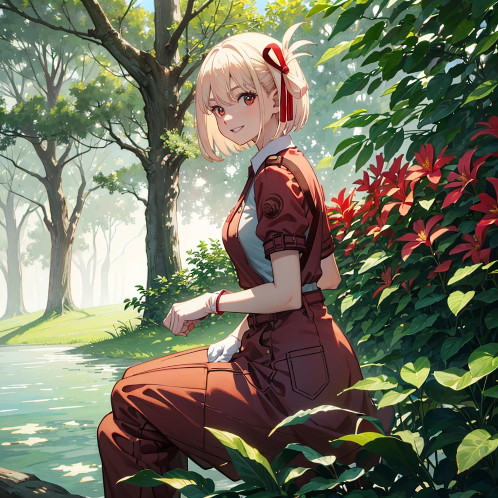 (masterpiece, best quality, detailed), 1girl, solo, chisato nishikigi, blonde hair, red eyes, short hair, medium breasts, looking at viewer,
overalls, white shirt, short sleeves, white gloves, outdoors, forest, nature, grass, tree, flower, leaf, sunlight, light rays, squatting, from side, parted lips, smile