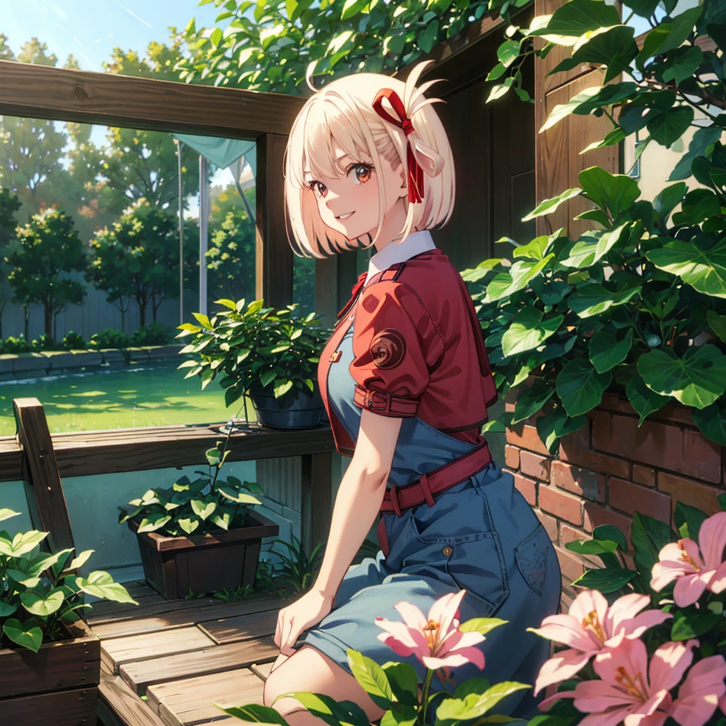 (masterpiece, best quality, detailed), 1girl, solo, chisato nishikigi, blonde hair, red eyes, short hair, medium breasts, looking at viewer,
overalls, white shirt, short sleeves, white gloves, outdoors, forest, nature, grass, tree, flower, leaf, sunlight, light rays, squatting, from side, parted lips, smile