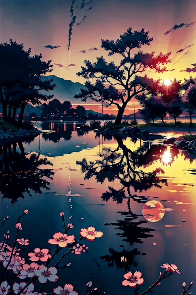 sunset, Manga style, lake, Cherry tree