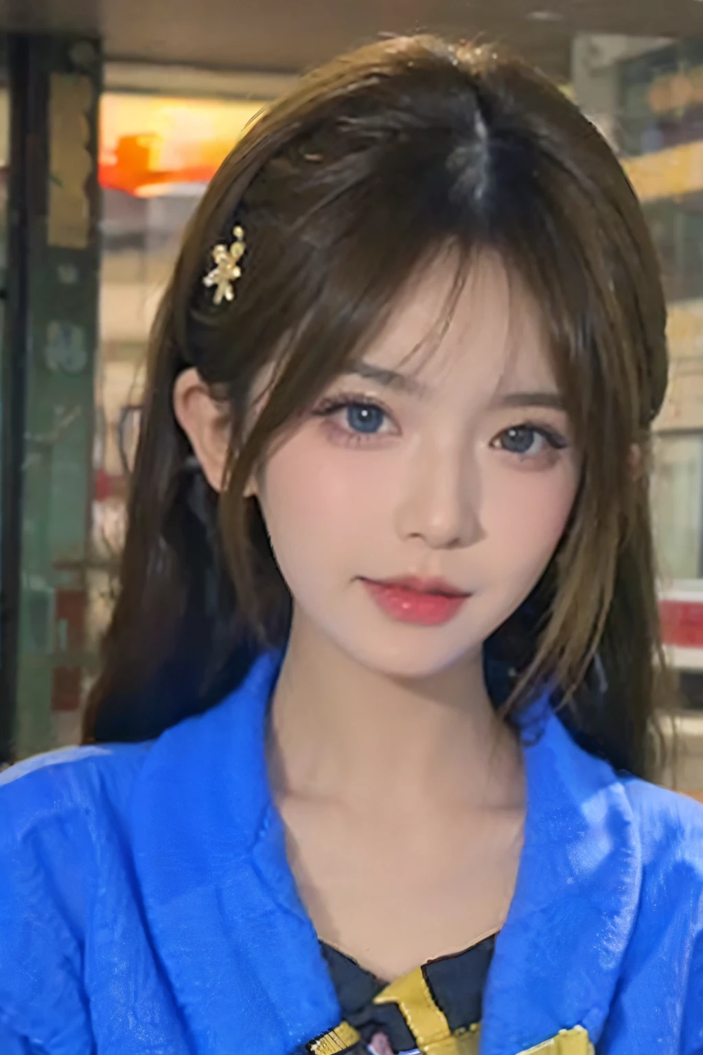 Gyaru girl, girl, pretty, heavy make up, blonde, blue lines in hair, Realistic, blue eye shadow, gyaru make up, hair pins, (blonde) facing forward