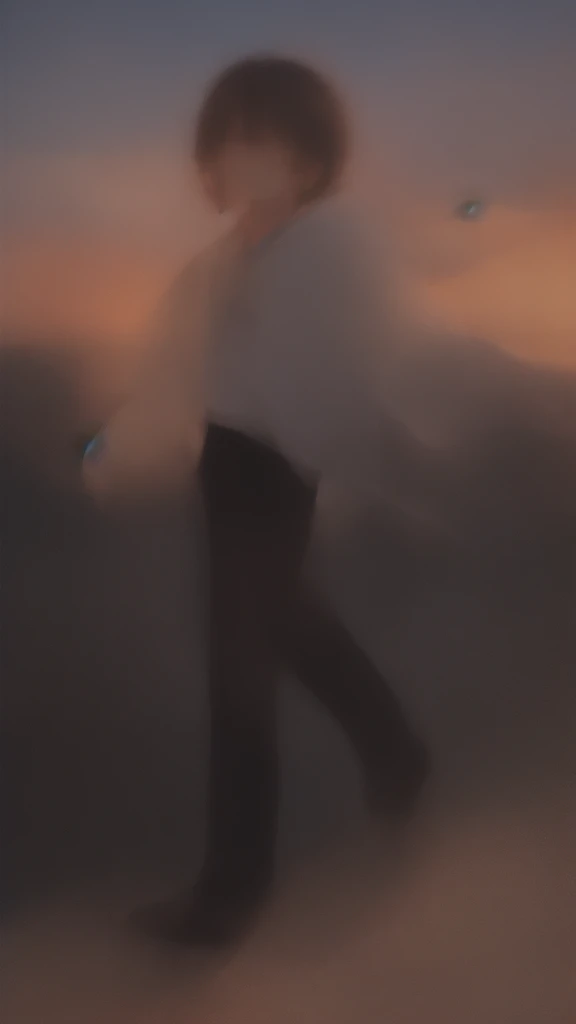 1 Boy watching the sunset in black pants and a white sweatshirt